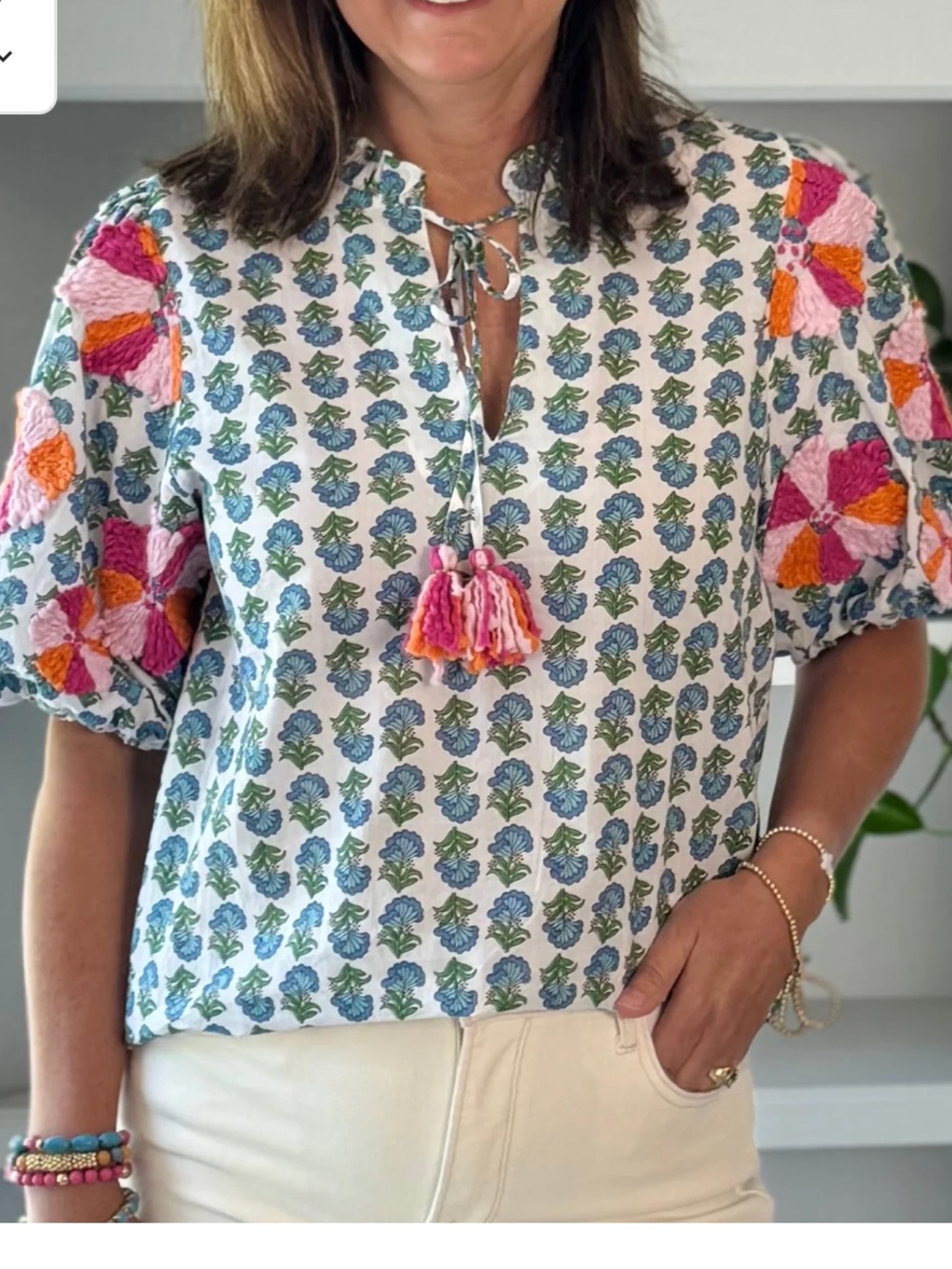 THML floral block print top with textured embroidered puff sleeves - Picture 7 of 9